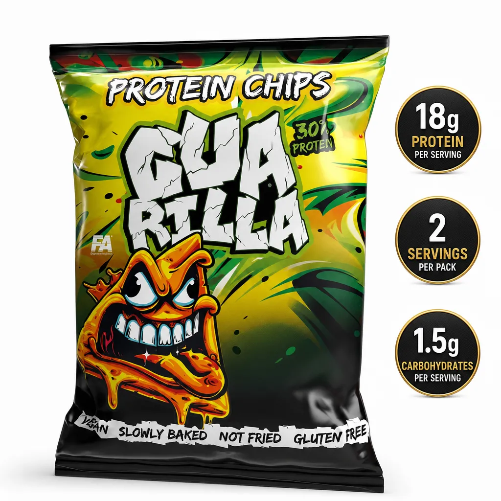Guarilla Protein Chips 60g vegan baked protein snack with a crunchy texture in a yellow and black package