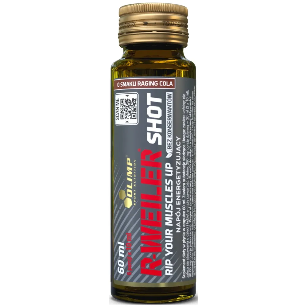Olimp R-Weiler Shot 60ml Raging Cola energy supplement in a small brown bottle, designed for pre-workout use and muscle support.