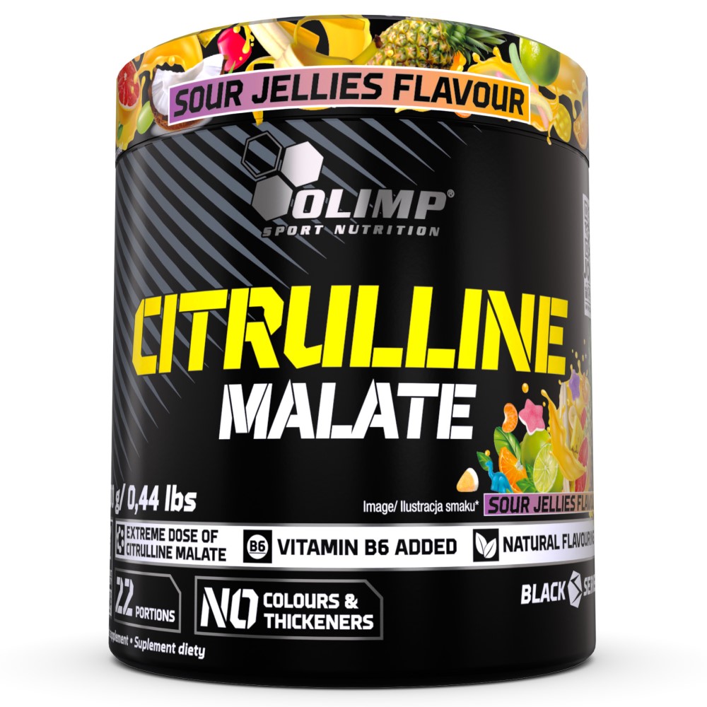 Olimp Citrulline Malate 200g by Olimp Nutrition, a powdered supplement in a branded container, likely with sour lemonade flavor labeling.