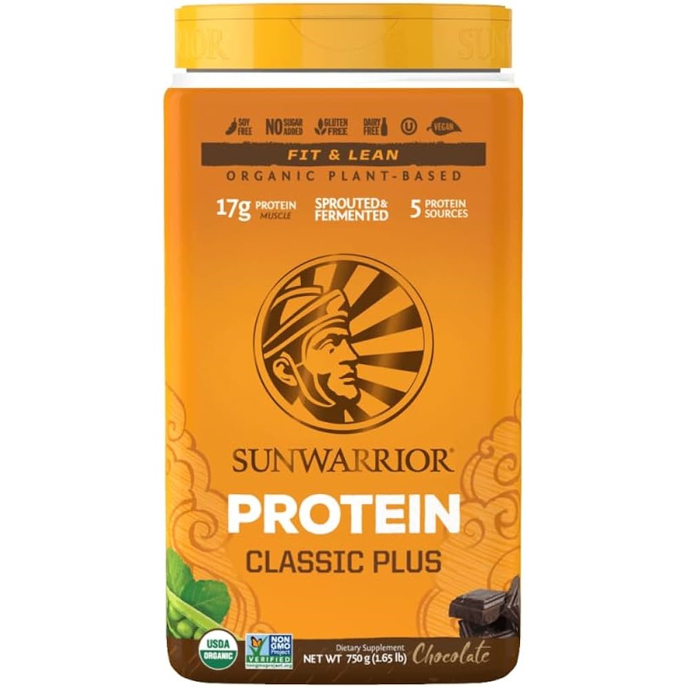 Sunwarrior Protein Classic Plus 750g chocolate flavour organic plant-based protein powder with 17g protein per serving, sprouted and fermented, USDA organic, non-GMO, vegan.