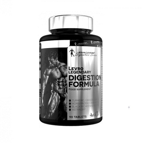 Kevin Levrone Levro Legendary Digestion Formula food supplement with turmeric, ginger, horseradish, black cayenne, and astragalus, 90 tablets, black and silver bottle.