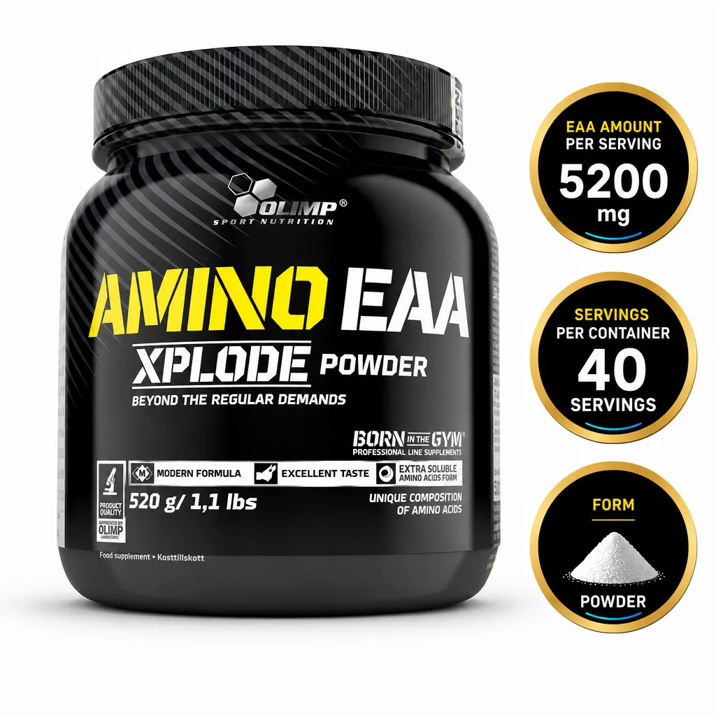 Olimp Amino EAA Xplode Powder 520g essential amino acid supplement in black powder container with yellow and white branding