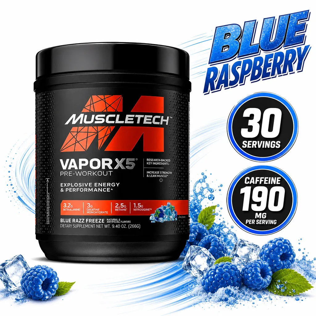 MuscleTech Vapor X5 Next Gen pre-workout powder in Blue Razz Freeze flavour, 30 servings, shown in a black 266 g tub.