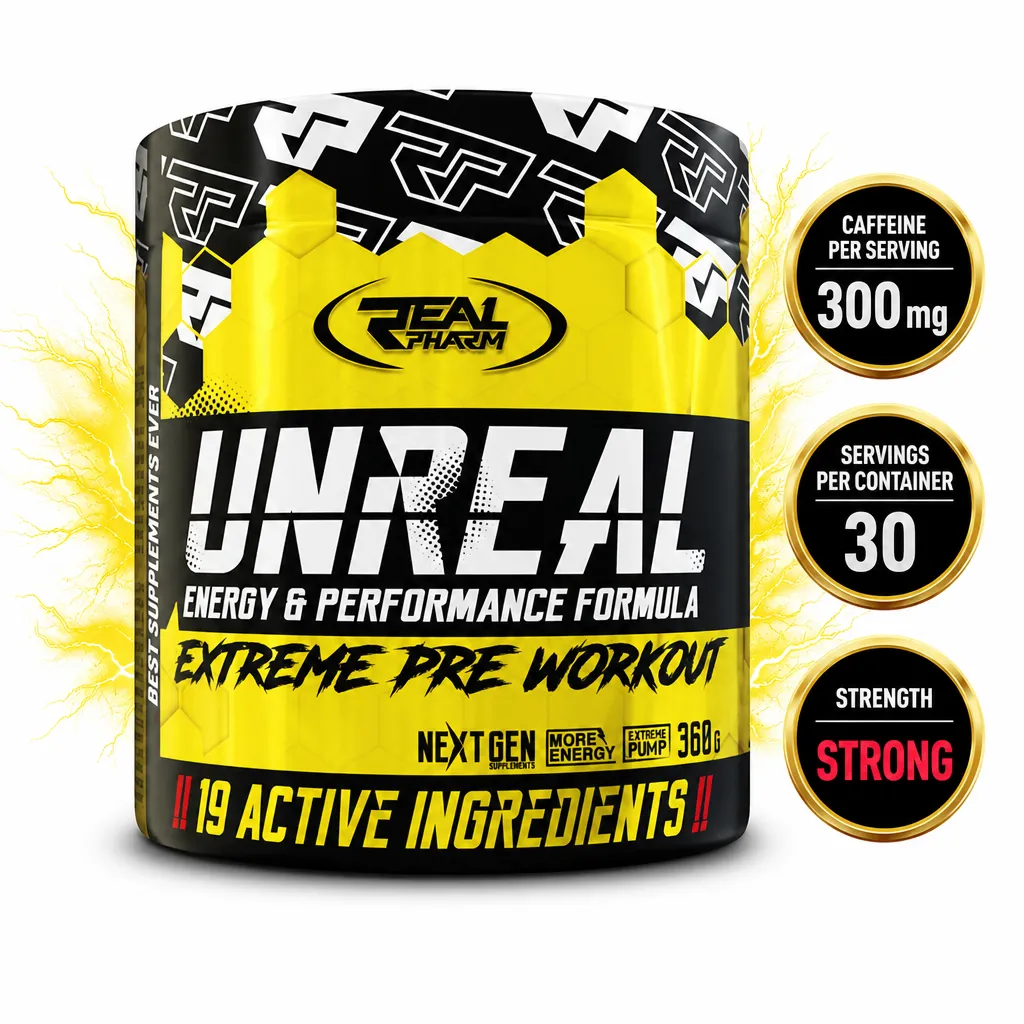Real Pharm Unreal 360g pre-workout supplement in a black and yellow tub, with 300mg caffeine per serving and 30 servings