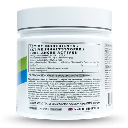 Naughty Boy Creatine 300g unflavoured creatine monohydrate powder supplement, vegan and non-GMO, manufactured in the UK, white tub with supplement facts label.