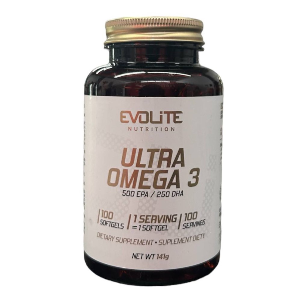 Evolite Ultra Omega 3 500EPA / 250DHA dietary supplement, 100 softgels, omega-3 fish oil capsules for heart and brain health in a brown bottle with gold cap.