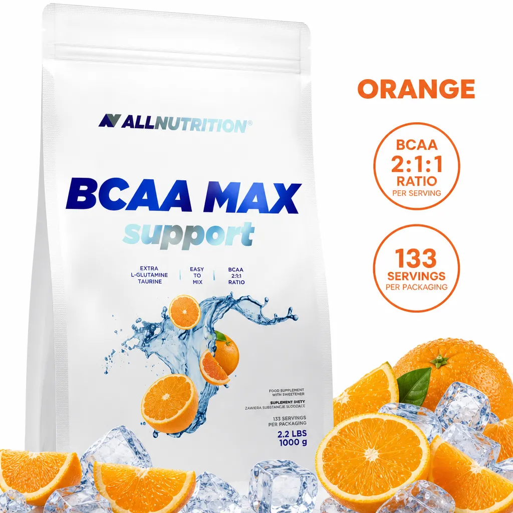 Allnutrition BCAA Max Support orange-flavour amino acid powder, 1000g pouch with 2:1:1 BCAA ratio and 133 servings.