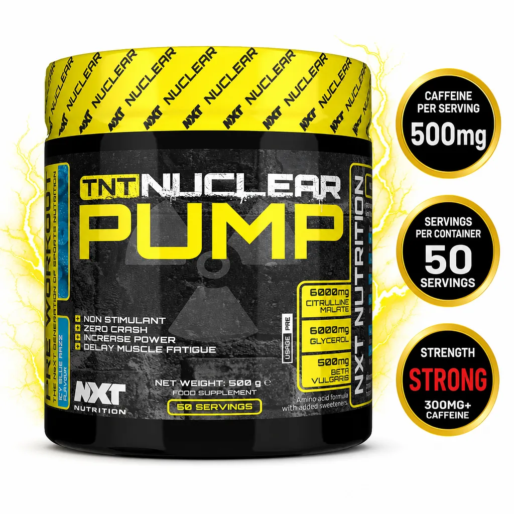 NXT Nutrition TNT Nuclear Pump 50 Servings pre-workout powder in a black and yellow tub, raspberry flavour with caffeine claims shown on the label