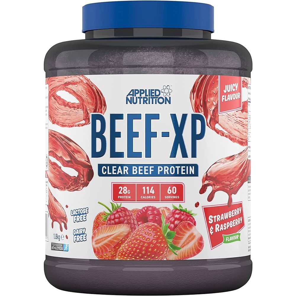 Applied Nutrition Beef-XP Clear Beef Protein powder, strawberry and raspberry flavour, 1.8kg tub, lactose free and dairy free, high protein supplement.