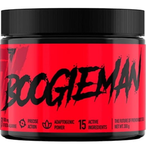 Trec Nutrition Boogieman 300g pre-workout supplement with 15 active ingredients, adaptogenic power, and precise action, in a red and black container.