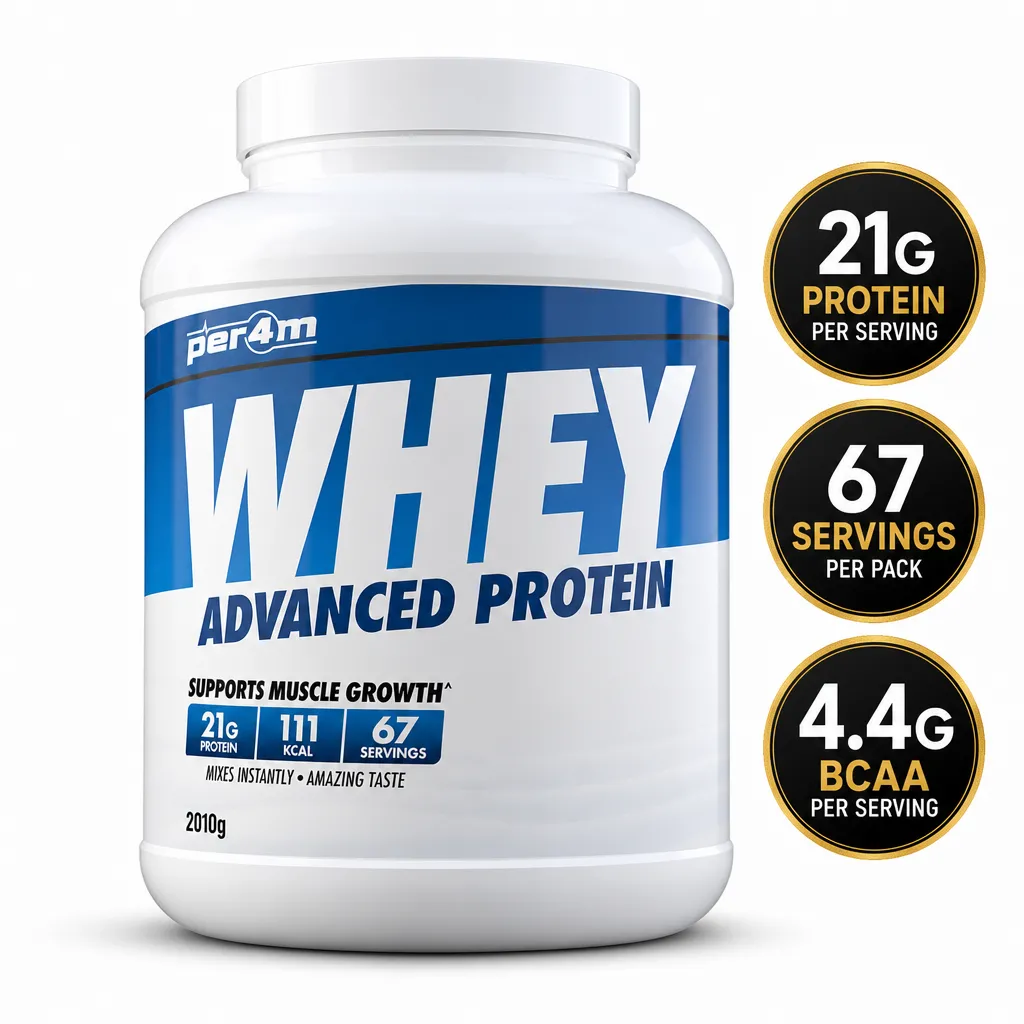 Per4m Whey Advanced Protein powder, 2010g white tub with 21g protein per serving and 67 servings