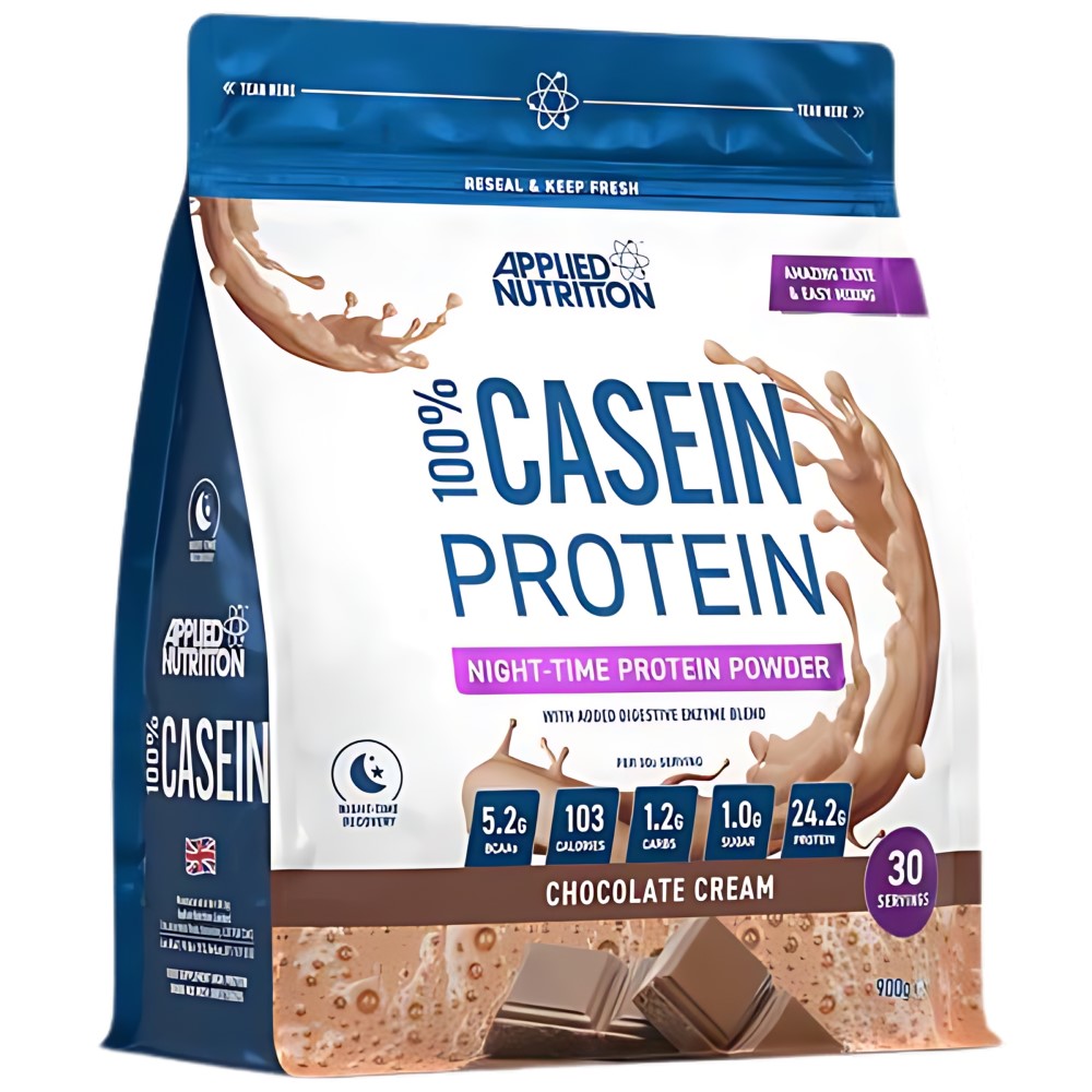 Applied Nutrition 100% Casein Protein 900g tub, branded packaging with product details and flavor label visible