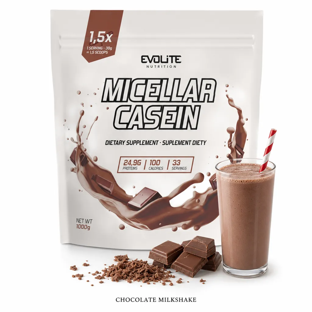 Evolite Nutrition Micellar Casein 1000g chocolate milkshake protein powder, featuring slow-release casein, high protein content, and low sugar, shown with a glass of chocolate shake and chocolate pieces.