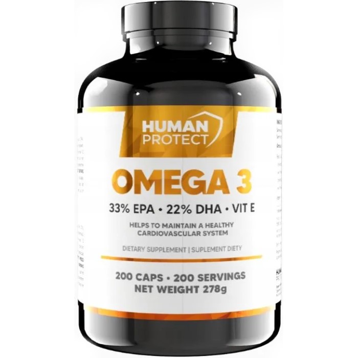 Human Protect Omega 3 33/22 200 Softgels bottle, white label with blue accents, containing 200 softgel capsules