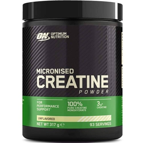 Optimum Nutrition Micronised Creatine Powder 317g unflavored creatine monohydrate supplement, black and green container, 93 servings