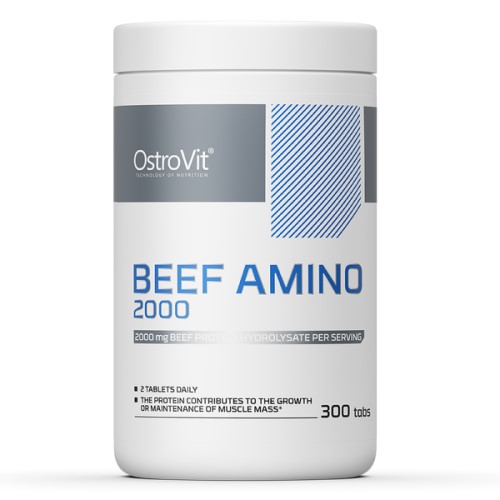 OstroVit Beef Amino 2000 300 tabs beef protein hydrolysate supplement in a white container, designed for muscle growth and maintenance.