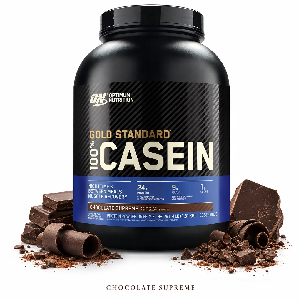 Optimum Nutrition Gold Standard 100% Casein 1820g Chocolate Supreme protein powder, slow-digesting micellar casein for muscle recovery, in a large black tub.