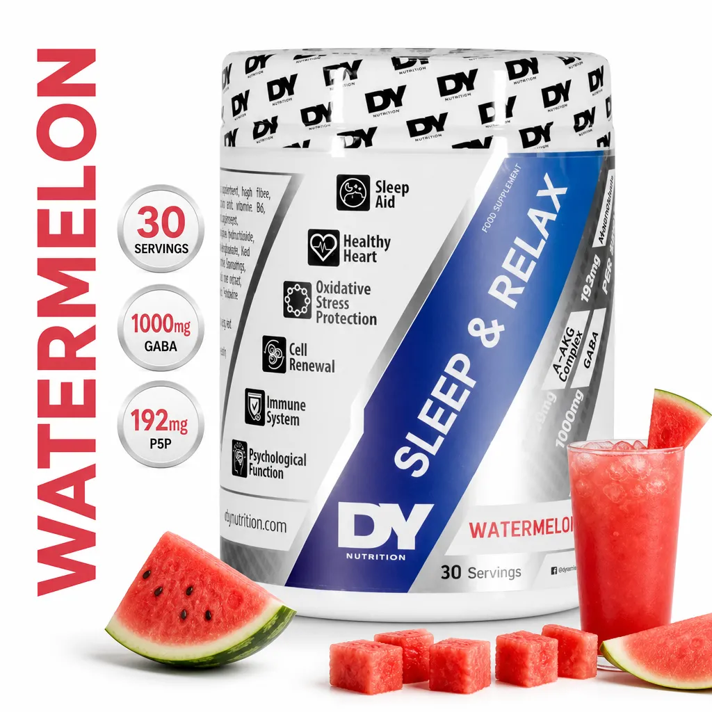 Dorian Yates Sleep & Relax + GH 450g nighttime supplement powder in watermelon flavour, 30-serving tub