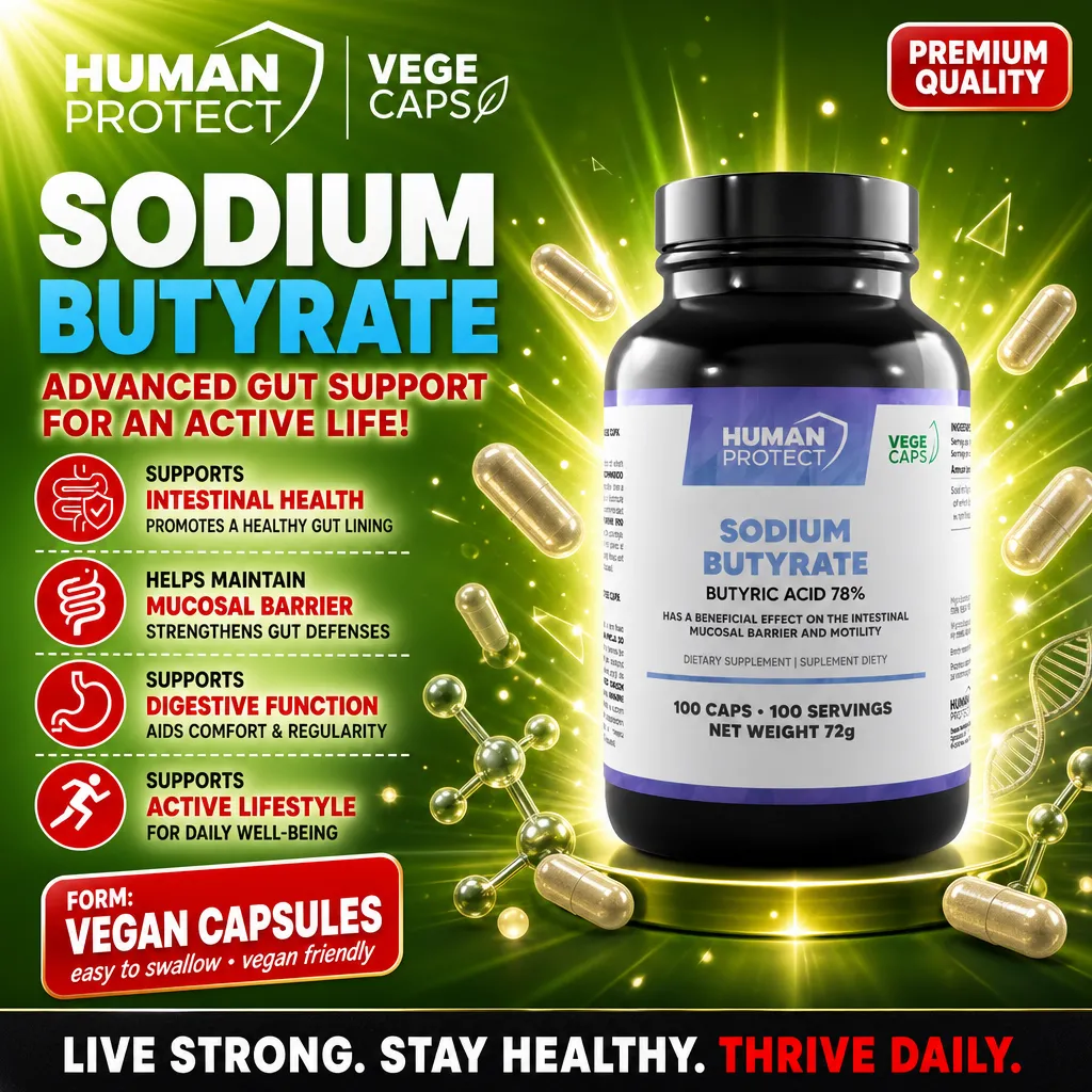 Human Protect Sodium Butyrate vegan capsules, 100-count bottle with 78% butyric acid, designed to support gut health, mucosal barrier, digestive function, and active lifestyle. Dominant green background.