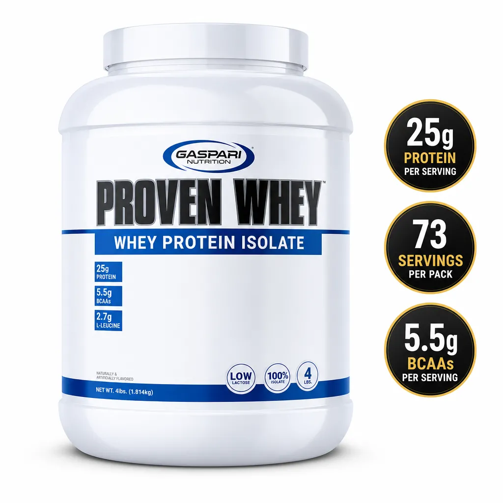 Gaspari Nutrition Proven Whey 2.0 is a 1814g whey protein isolate supplement in a white tub with 25g protein per serving.