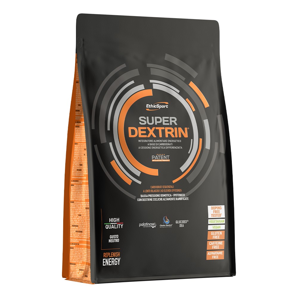 EthicSport Super Dextrin 700g energy supplement powder in a large black container with branded label