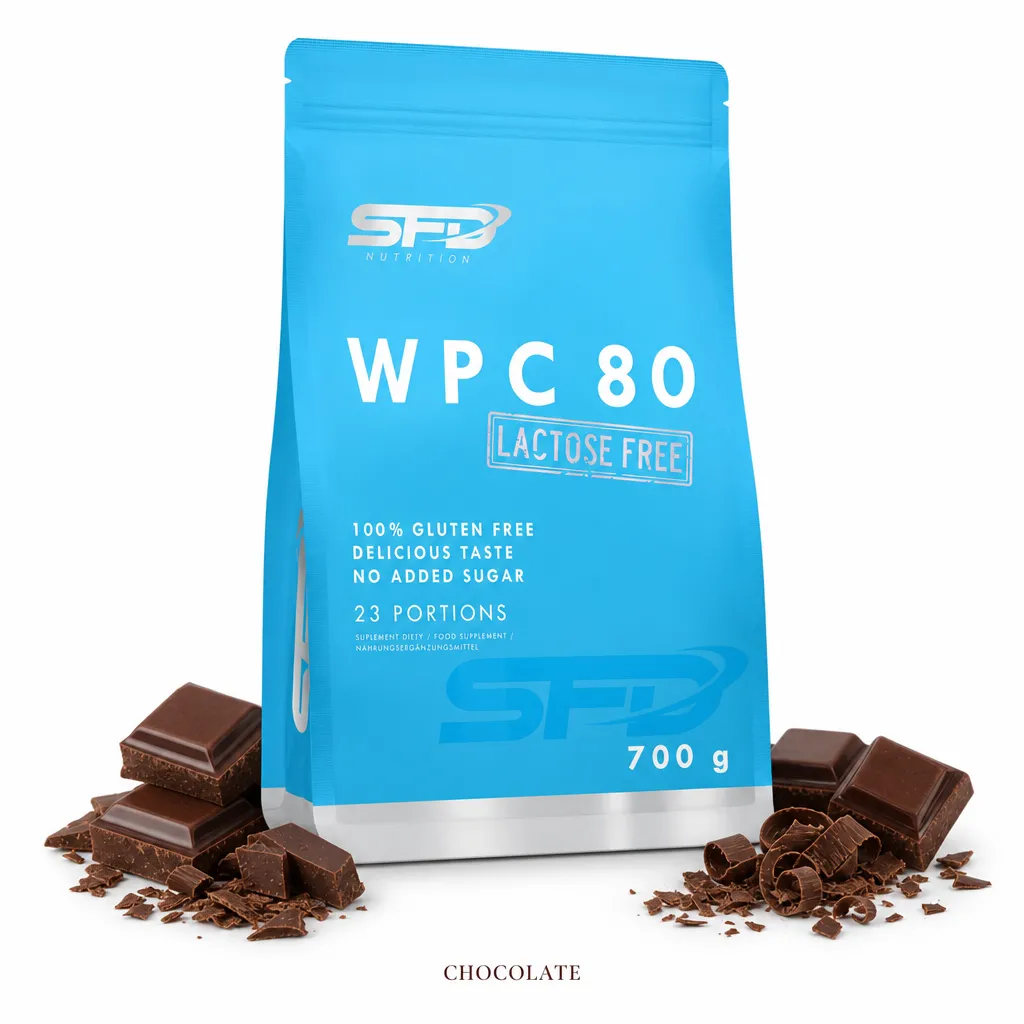 SFD WPC 80 Lactose Free 700g chocolate flavour whey protein concentrate, lactose-free and gluten-free, in a blue pouch with chocolate pieces displayed.