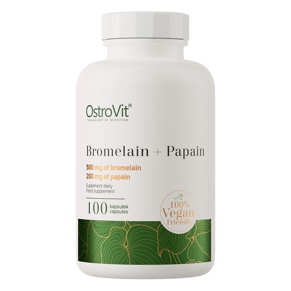 OstroVit Bromelain + Papain 100 Vege Capsules, a vegan-friendly dietary supplement with 500 mg of bromelain and 200 mg of papain per serving, in a white bottle with green accents.