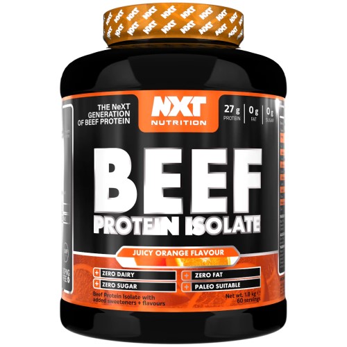 NXT Nutrition Beef Protein Isolate 1800g tub with lid open, showing powder inside
