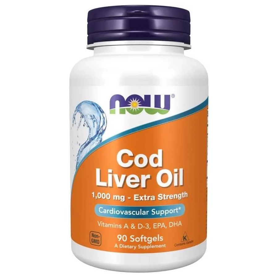 NOW Cod Liver Oil 1000mg Extra Strength softgels, 90-count bottle, dietary supplement with vitamins A & D-3, EPA, and DHA for cardiovascular support.