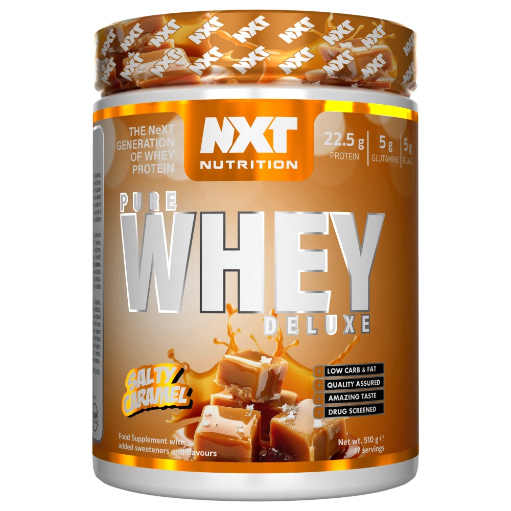 NXT Nutrition Pure Whey Deluxe 510g salty caramel flavour whey protein supplement with added sweeteners and flavours, featuring 22.5g protein per serving.