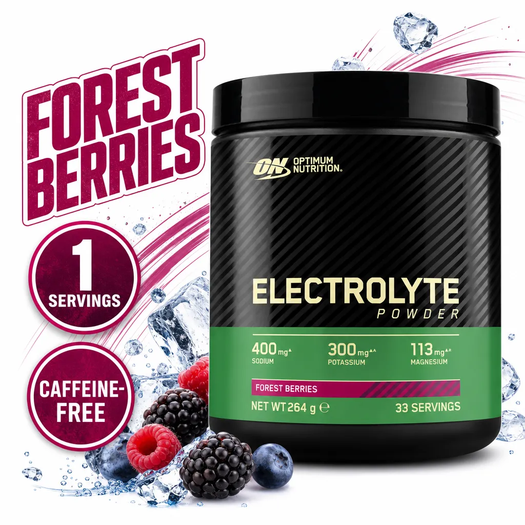 Optimum Nutrition Electrolyte Powder 264g in Forest Berries flavour, caffeine-free electrolyte supplement with 33 servings
