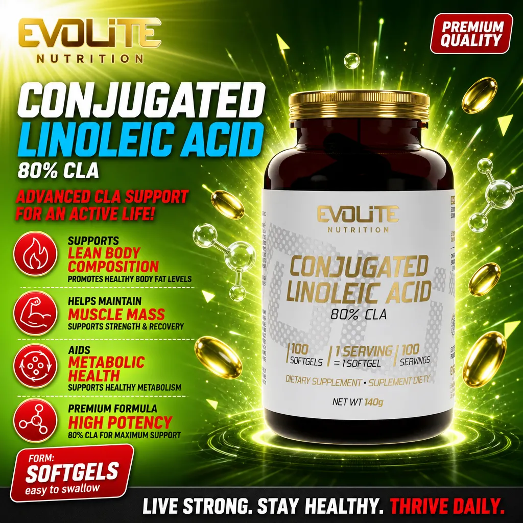Evolite Conjugated Linoleic Acid 100 softgels, 80% CLA dietary supplement for lean body composition, muscle mass support, and metabolic health, in a dark bottle with gold cap.