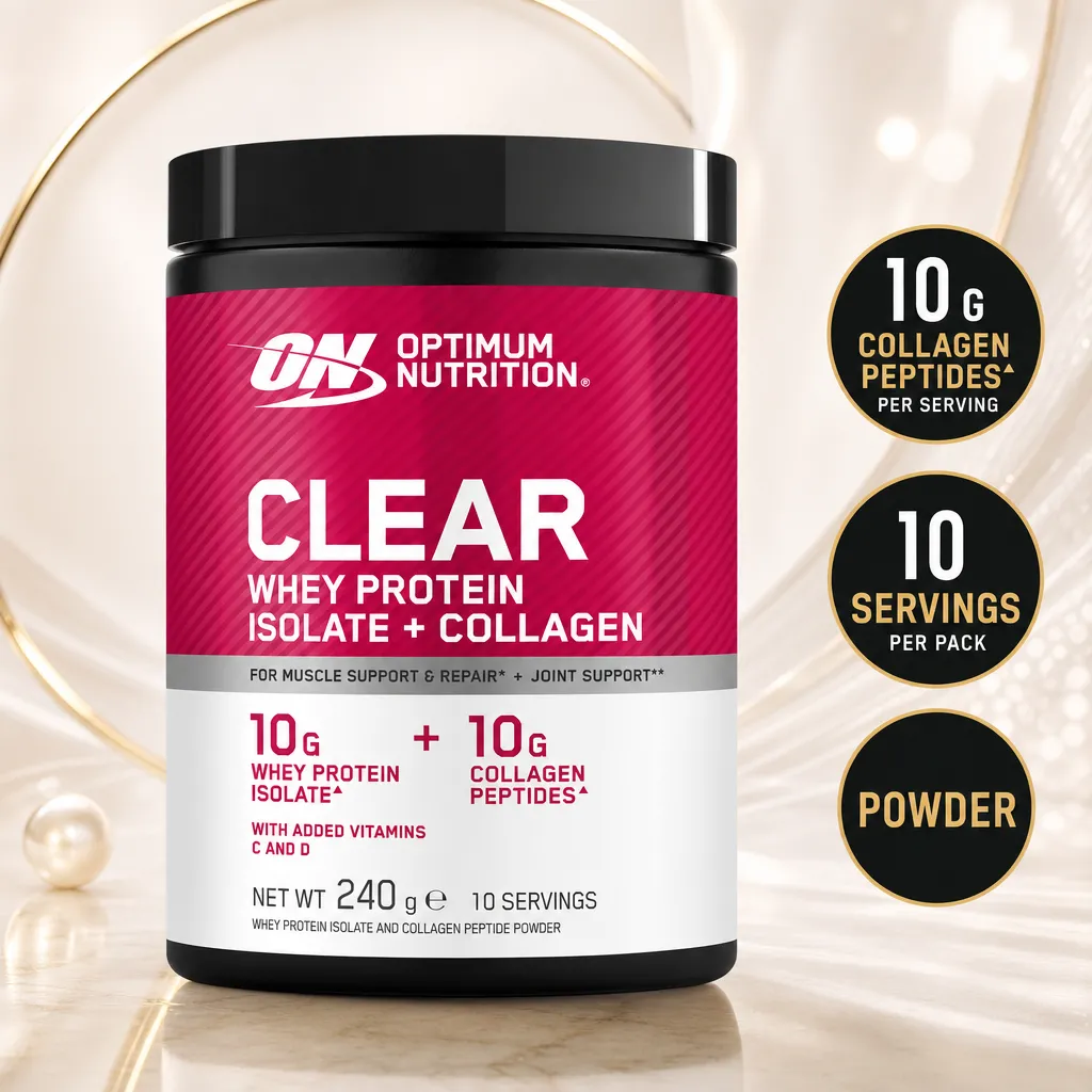 Optimum Nutrition Clear Whey Protein Isolate + Collagen powder, 240g tub with 10 servings and added vitamins C and D