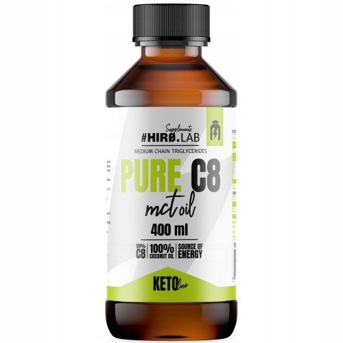 Hiro Lab Pure C8 MCT Oil 400ml bottle, clear liquid in a transparent or semi-transparent container with product label.