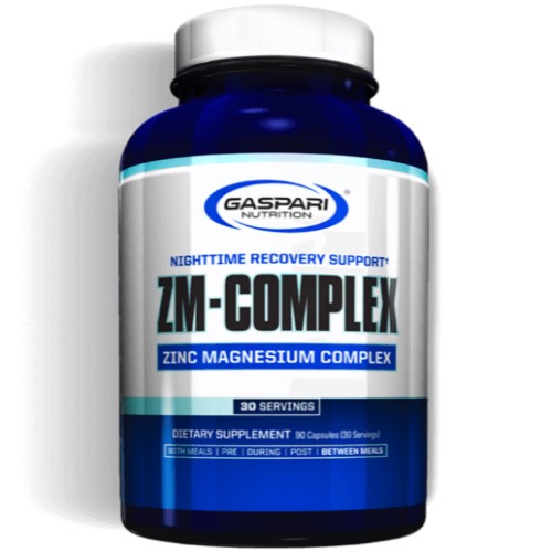 Gaspari Nutrition ZM-Complex zinc magnesium complex dietary supplement, 90 capsules, for nighttime recovery support, in a blue and white bottle.