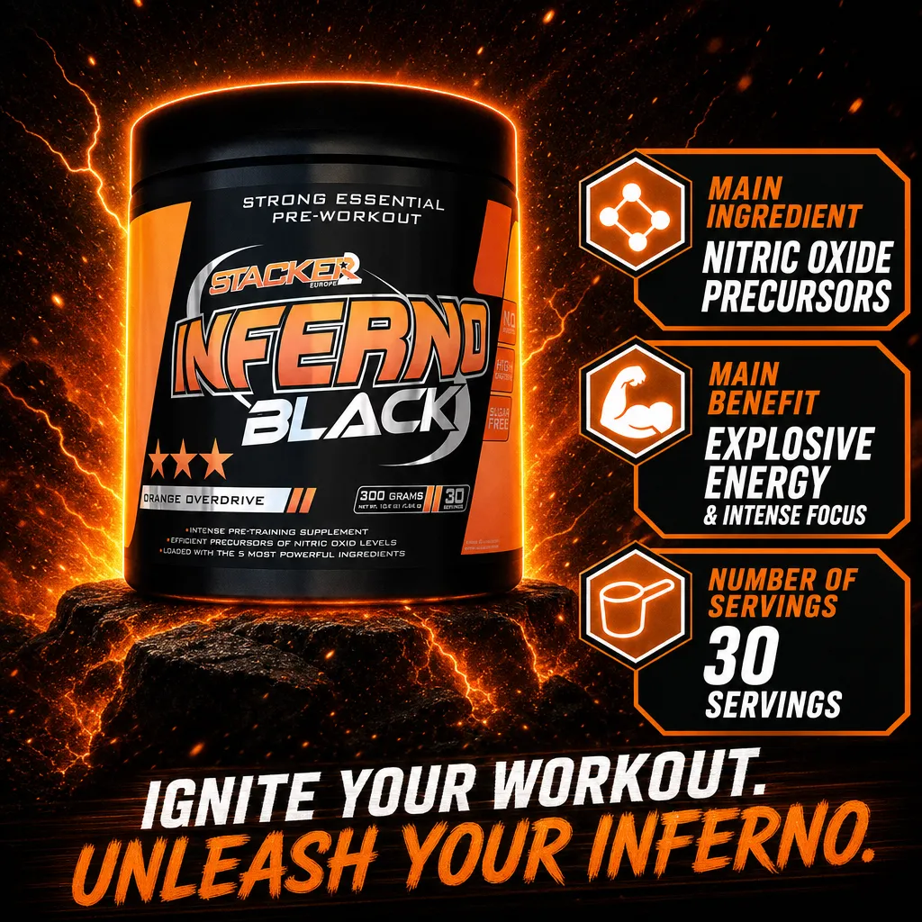 Stacker2 Inferno Black 300g pre-workout supplement, Orange Overdrive flavour, high-stimulant formula with nitric oxide precursors, 30 servings per container.