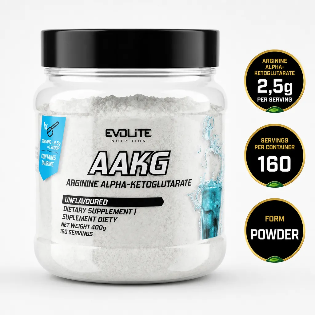 Evolite AAKG 400g Unflavoured arginine alpha-ketoglutarate powder supplement in a white tub
