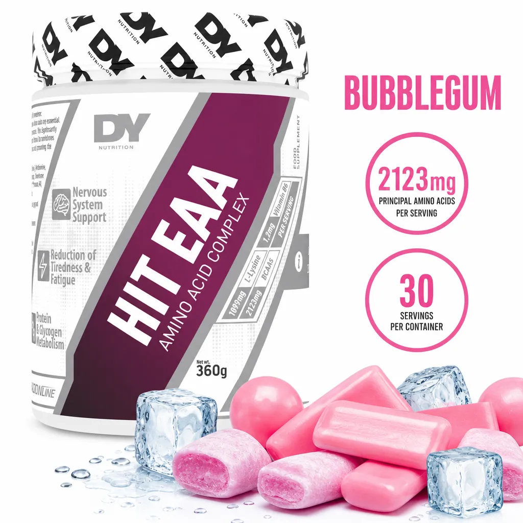 Dorian Yates HIT EAA Amino Acid Complex, a 360g bubblegum-flavoured essential amino acid powder in a white and burgundy tub.