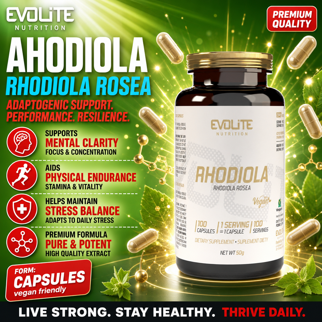 Evolite Rhodiola Rosea vegan capsules, adaptogenic supplement for mental clarity, stress balance, and physical endurance, 100 capsules bottle, green and gold design.