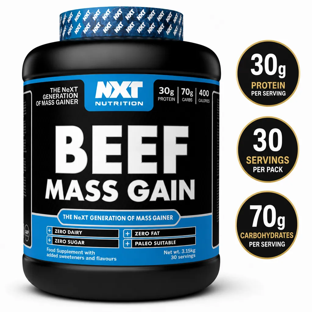 NXT Nutrition Beef Mass 3150g mass gainer supplement in a black tub, with 30g protein and 70g carbohydrates per serving