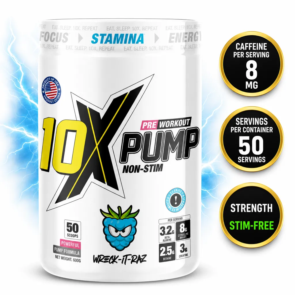 10X Athletic Pump Non-Stim Pre Workout powder supplement in a white tub with 50 servings and a 600g net weight