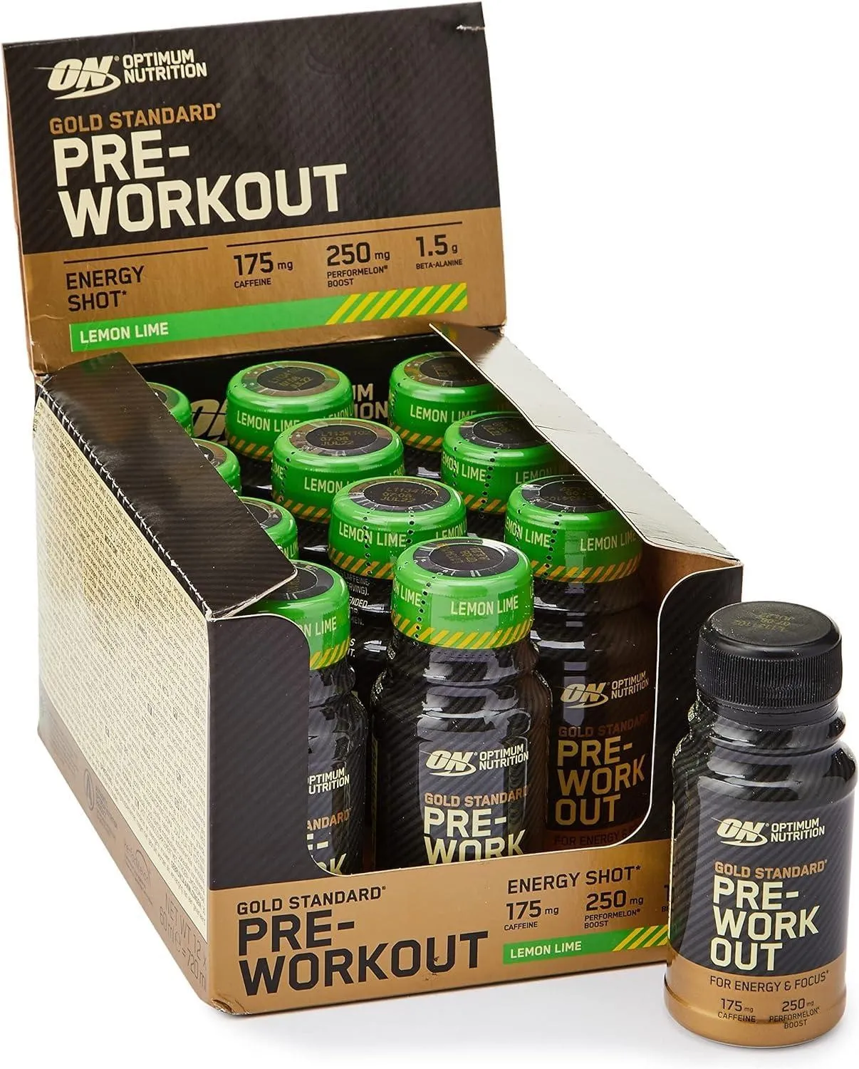 Optimum Nutrition Gold Standard Pre-Workout Energy Shot Lemon Lime 60ml x12, a ready-to-drink pre-workout supplement with 175mg caffeine, 250mg PerforMelon Boost, and 1.5g beta-alanine per shot, packaged in a box of 12 bottles.