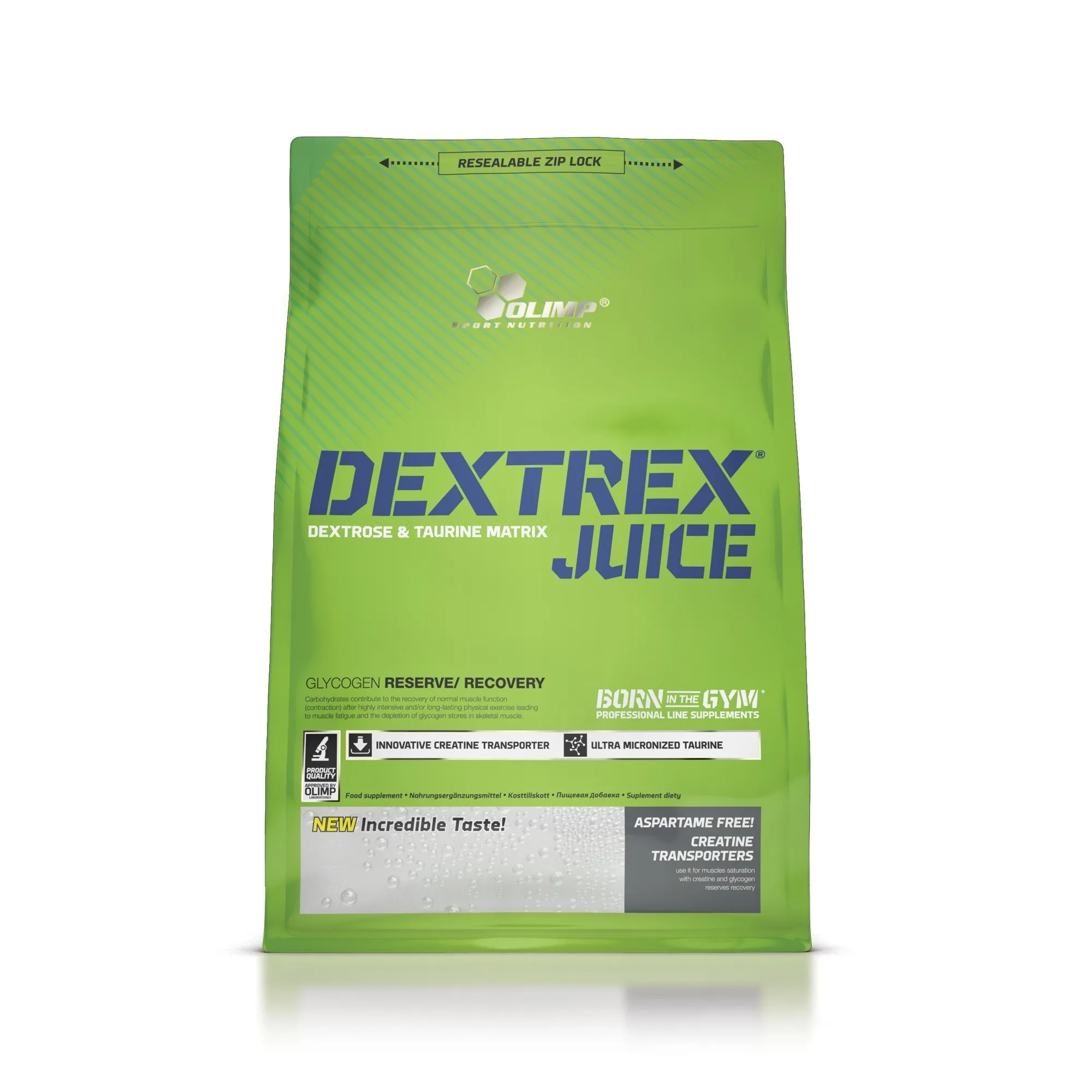 Olimp Nutrition Dextrex Juice 1000g carbohydrate powder for athletes, featuring pure dextrose monohydrate in a green resealable pouch for rapid energy and recovery.