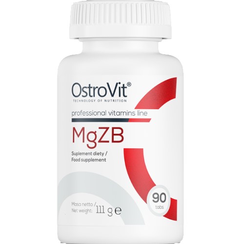 OstroVit MgZB 90 tabs food supplement, professional vitamins line, in a white bottle with red accents, containing 90 tablets.