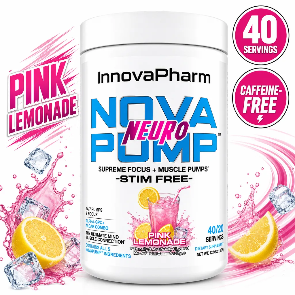 InnovaPharm Nova Pump Neuro stim-free pre-workout powder, Pink Lemonade flavour, 40/20 servings in a white 368 g tub