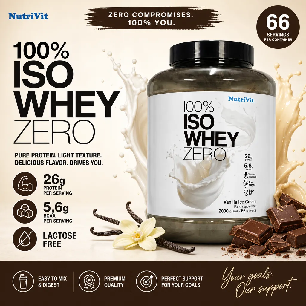 NutriVit 100% Iso Whey Zero 2000g vanilla ice cream flavour whey protein supplement, lactose free, with 26g protein and 5.6g BCAA per serving, in a large black and white tub.