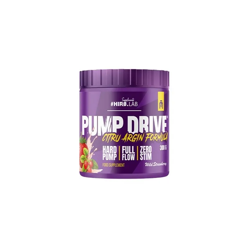 Hiro Lab Pump Drive 300g powdered pre-workout supplement in a purple tub, wild strawberry flavour with citrulline and arginine