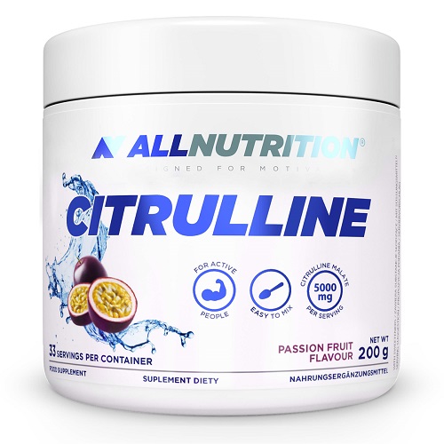 Allnutrition Citrulline 200g passion fruit flavour supplement, citrulline malate powder for active people, white container with fruit graphic and blue accents.