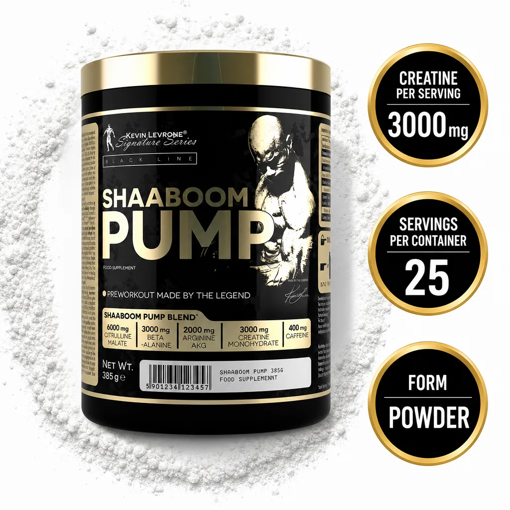 Kevin Levrone Shaaboom Pump 385g pre-workout powder in a black and gold tub, featuring creatine, caffeine and pump-support ingredients.