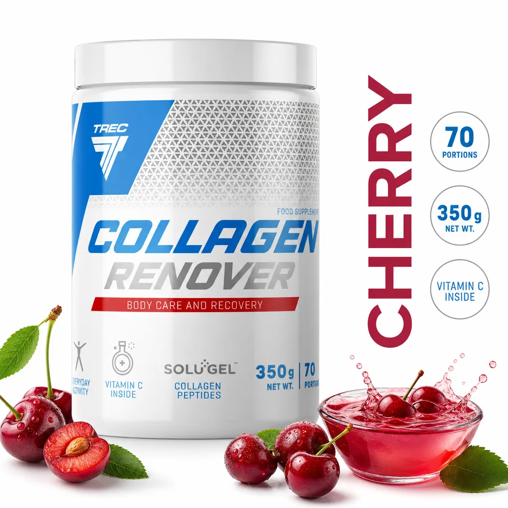 Trec Collagen Renover 350g collagen peptide powder with vitamin C, 70 portions, shown in a white tub with cherry flavour imagery